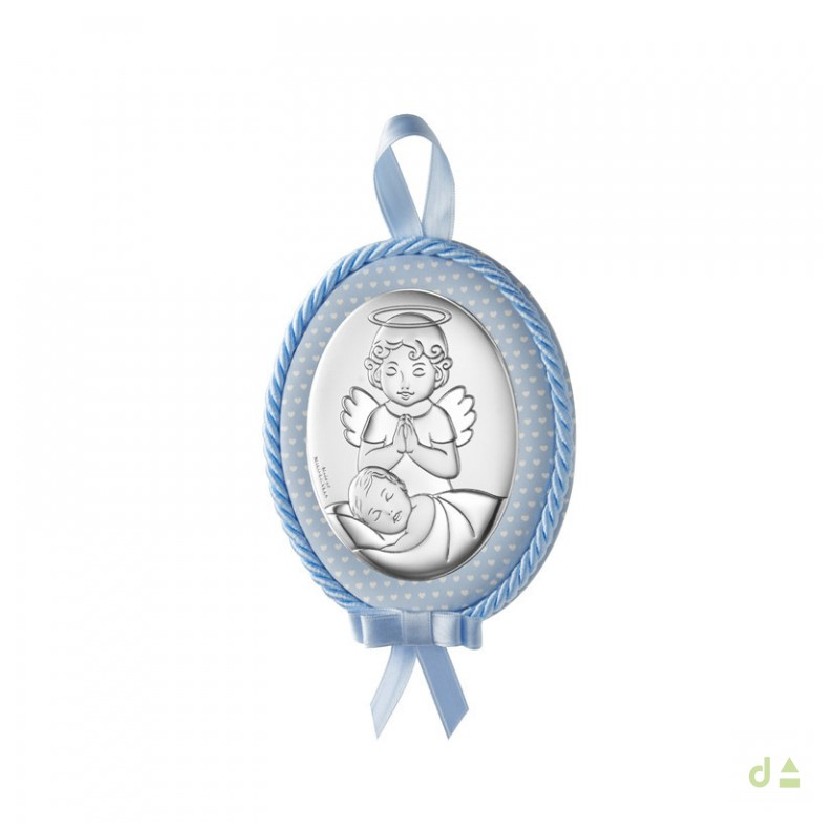 Medalha Berço Anjo da Guarda Azul (13cm) - Prata Bilaminada